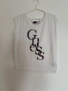 Guess White Muscle Tee with Leopard Logo